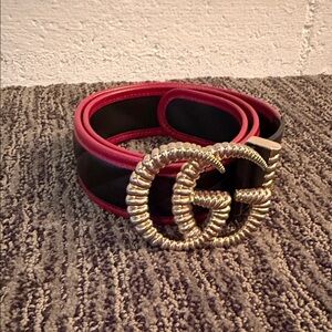 Authentic Gucci Red and Black Belt with Gold GG Buckle